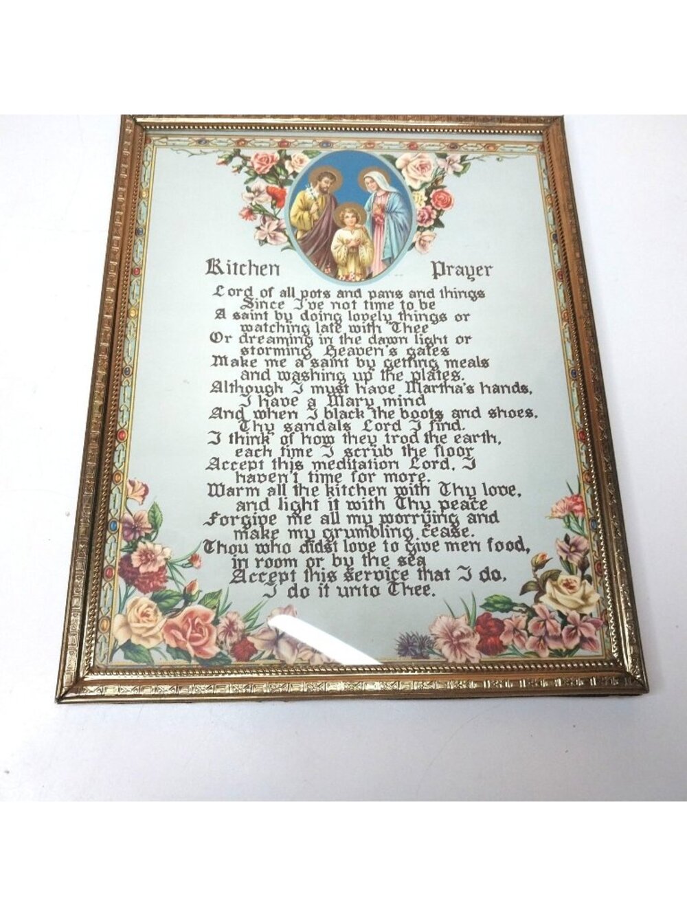 Vintage Kitchen Prayer Wall Art Brass Frame Holy Family Illustration